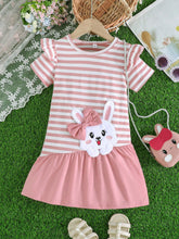 Young Girl 2-7 Years Elegant Bow Rabbit Embroidered Striped Patchwork A-Line Dress